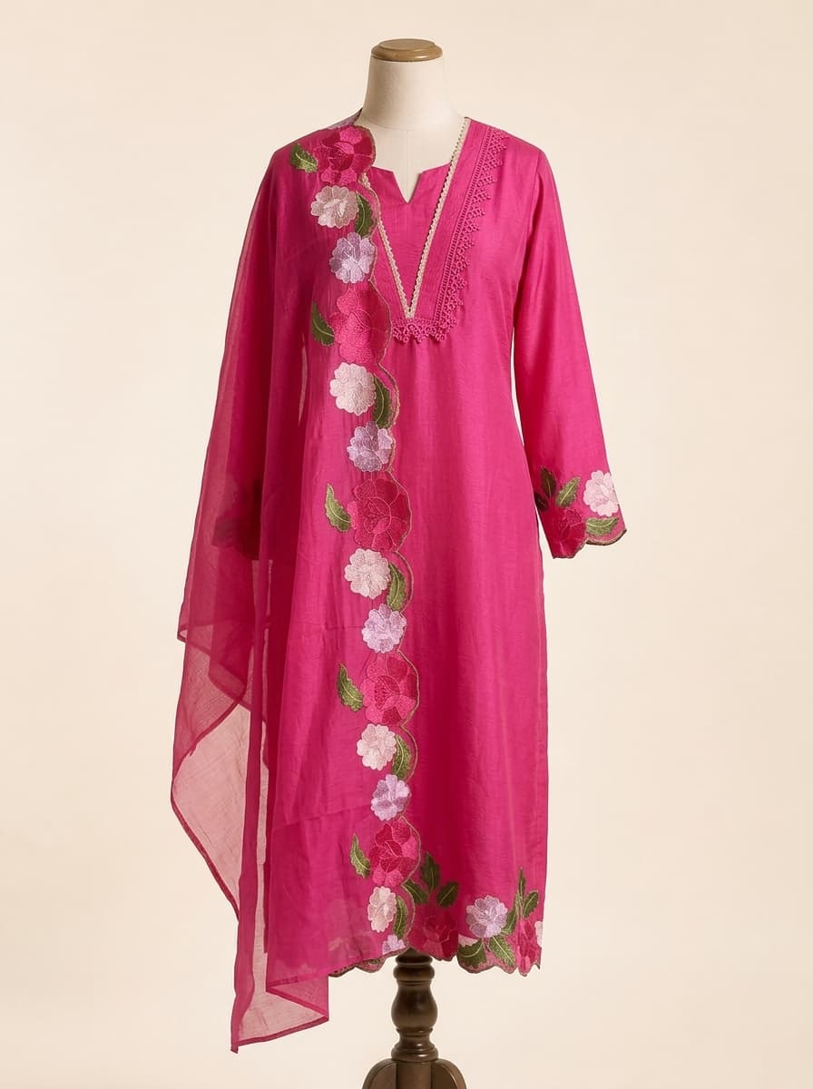 Hot Pink Lace Embroidered Silk Kurta Set by Sahba