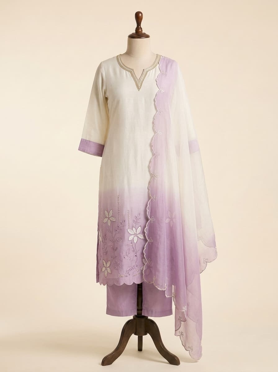 Ivory & Lilac Dip-Dye Ombre Kurta Set by Sahba