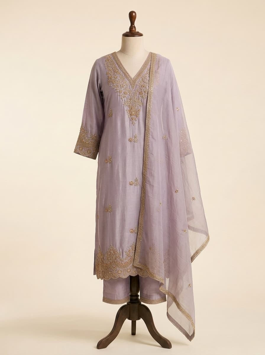Lavender Lilac Raw Silk Zardozi Kurta Set by Sahba