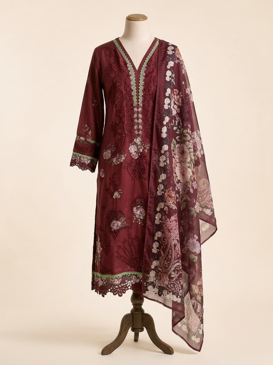 Maroon Pakistani Lace Silk Kurta Set by Sahba