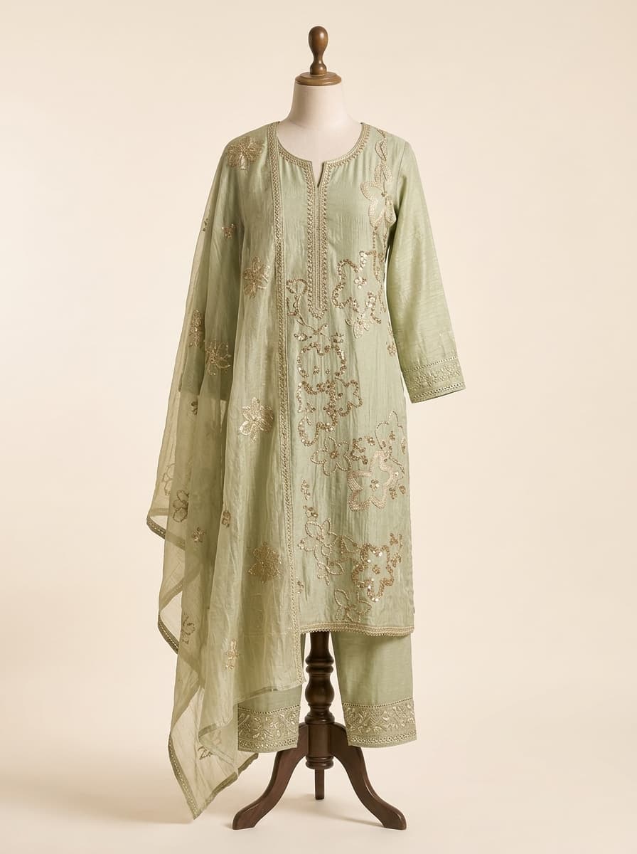 Mint Pista Textured Silk Zari Kurta Set by Sahba