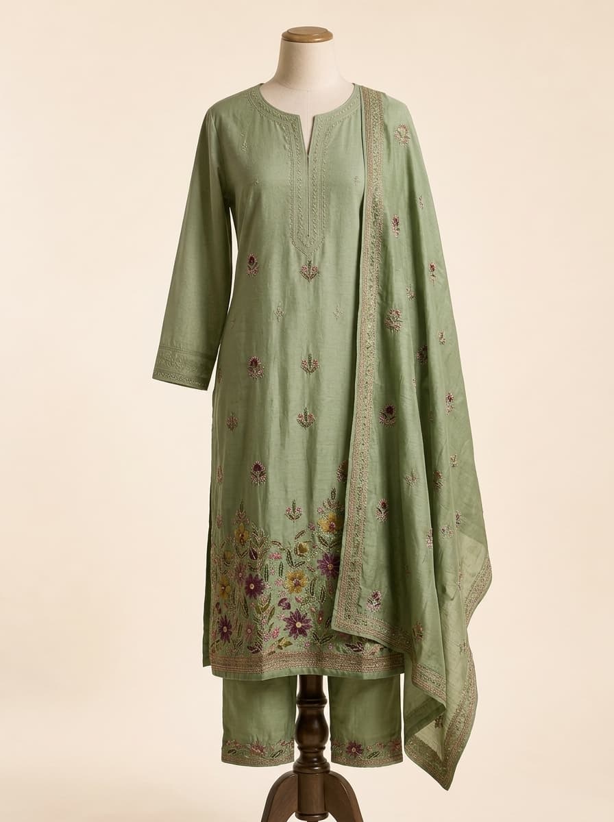 Olive Sage Botanical Border Silk Kurta Set by Sahba