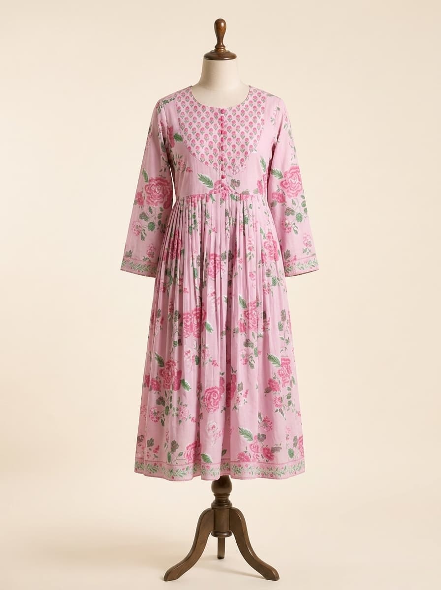 Pink Floral Chanderi Anarkali Set by Sahba