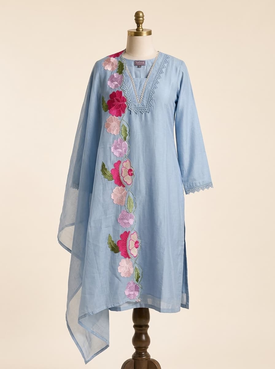 Powder Sky Blue Lace Silk Kurta Set by Sahba