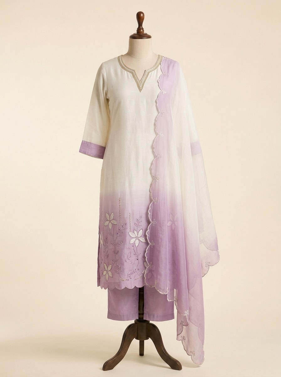 Ivory & Lilac Dip-Dye Ombre Kurta Set by Sahba