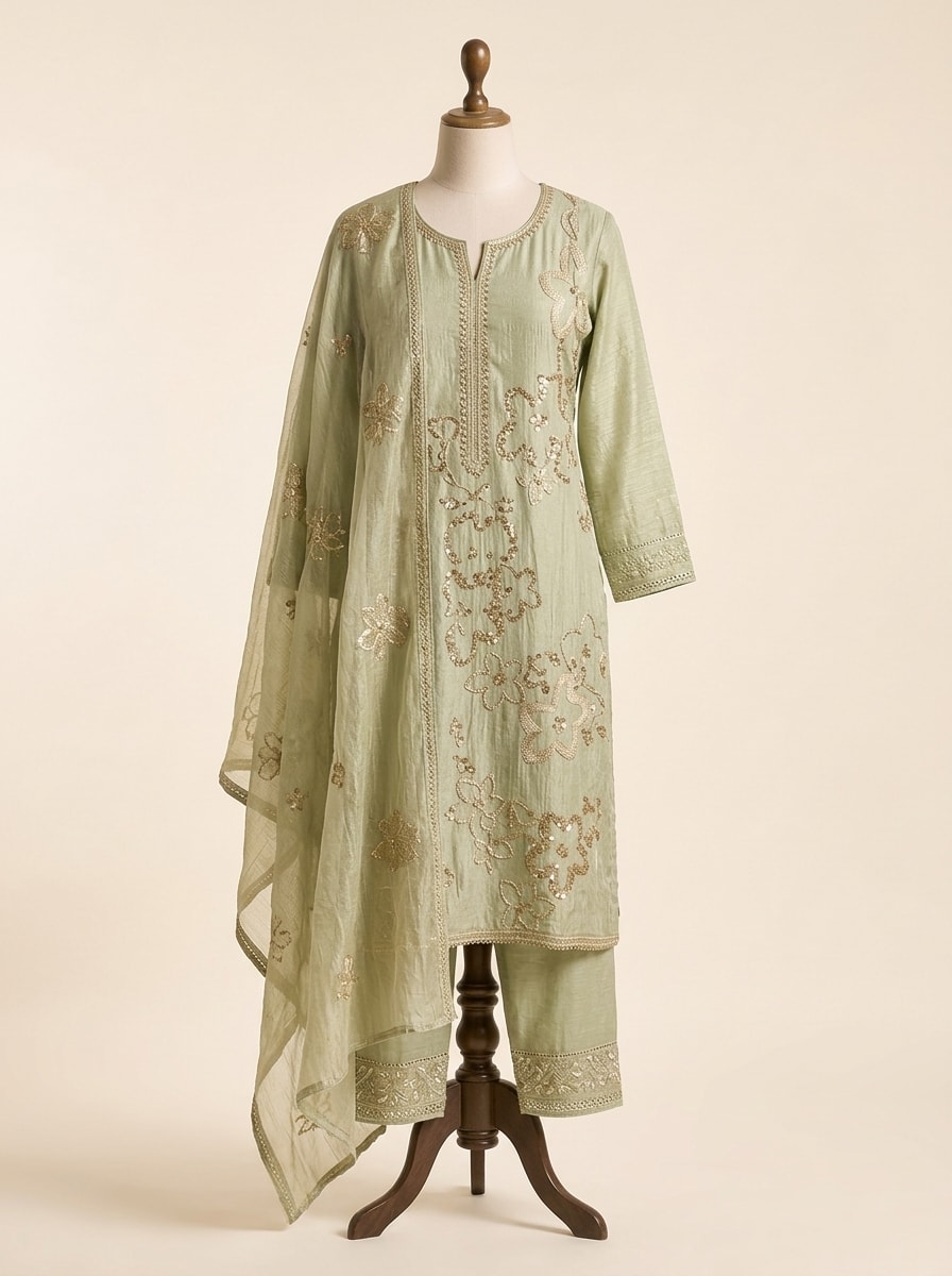 Mint Pista Textured Silk Zari Kurta Set by Sahba