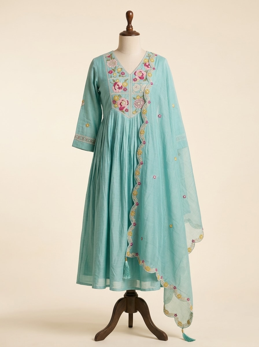 Aqua Turquoise Embroidered Flared Anarkali Set by Sahba