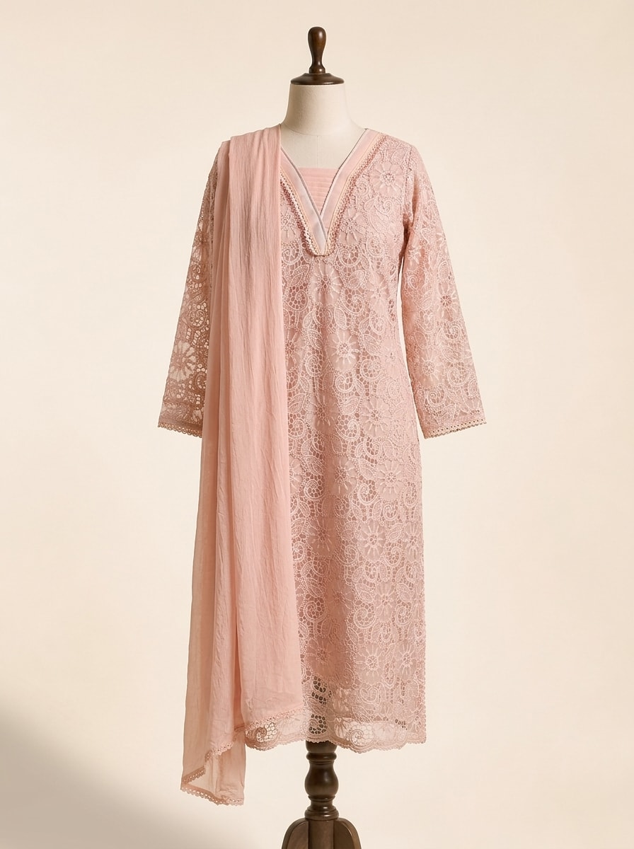 Blush Peach Floral Lace Kurta Set by Sahba