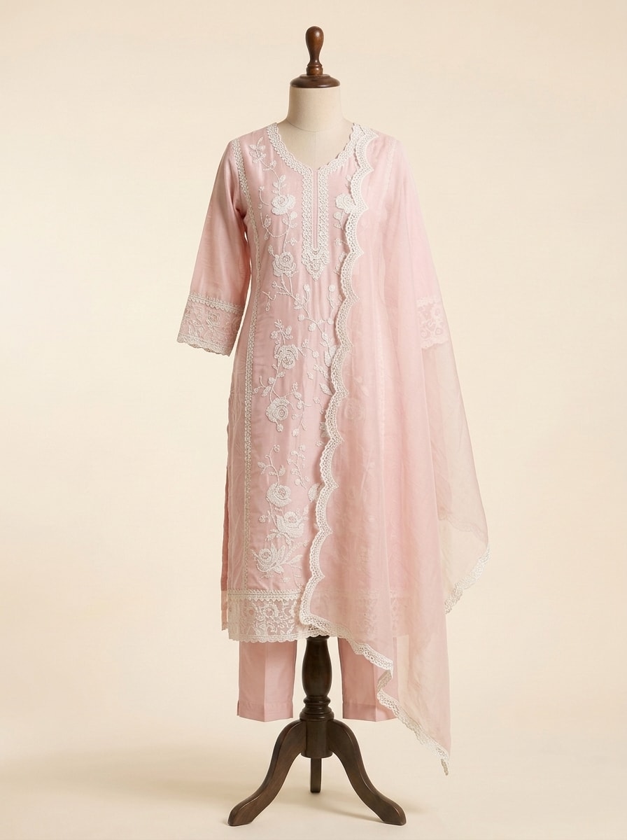 Blush Pink Threadwork Chanderi Kurta Set by Sahba