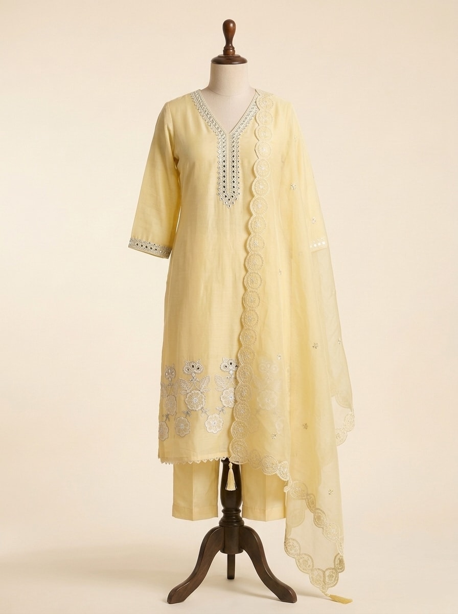 Butter Yellow Chanderi Silk Mirrorwork Set by Sahba