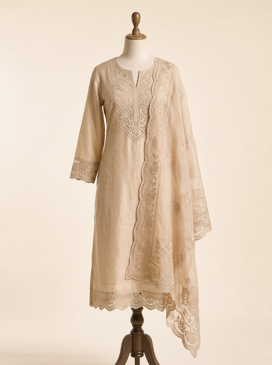 Champagne Cutwork Rose Silk Kurta Set by Sahba