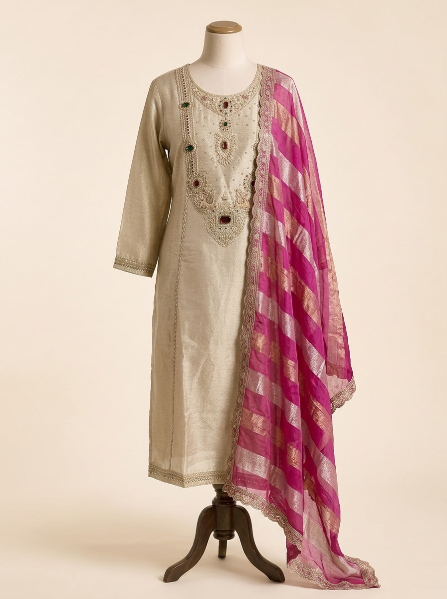 Champagne Kundan Silk Kurta with Leheriya Dupatta by Sahba