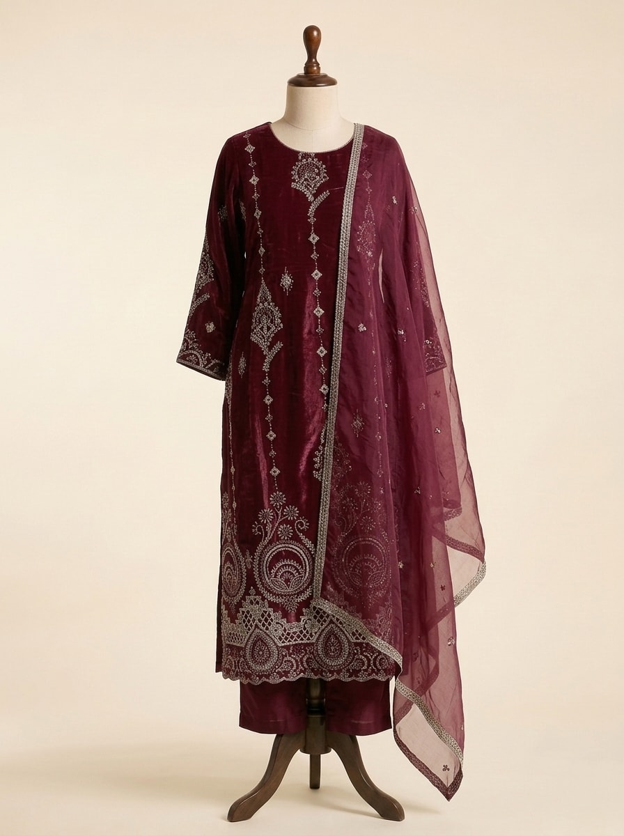 Deep Wine Velvet-Silk Tilla Kurta Set by Sahba