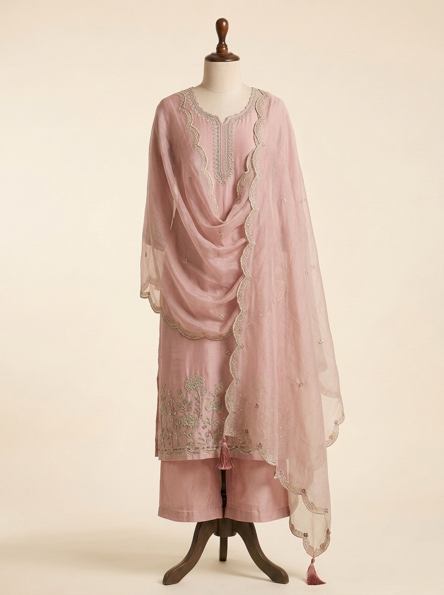 Dusty Rose Chanderi Palazzo Heritage Suit by Sahba