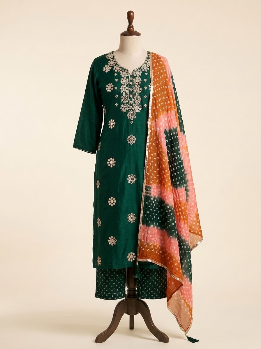 Emerald Green Bandhani Mirrorwork Suit by Sahba