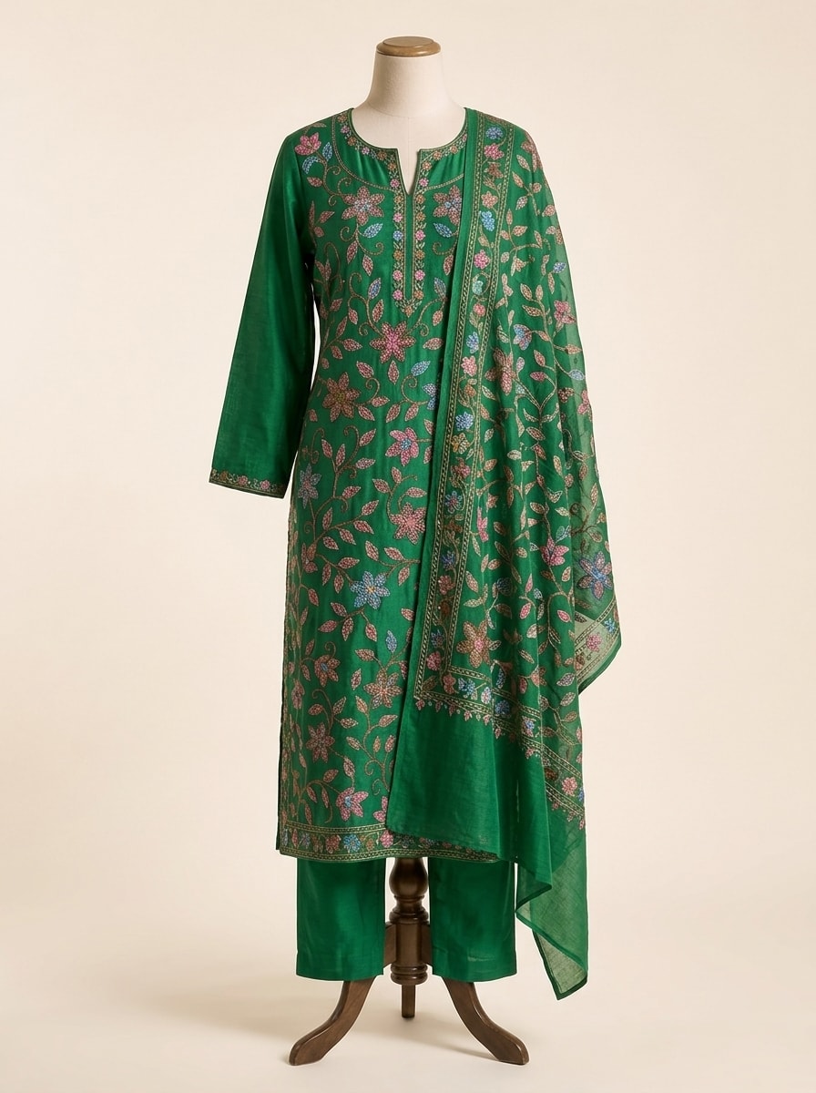 Emerald Green Kashmiri Jaal Embroidered Kurta Set by Sahba
