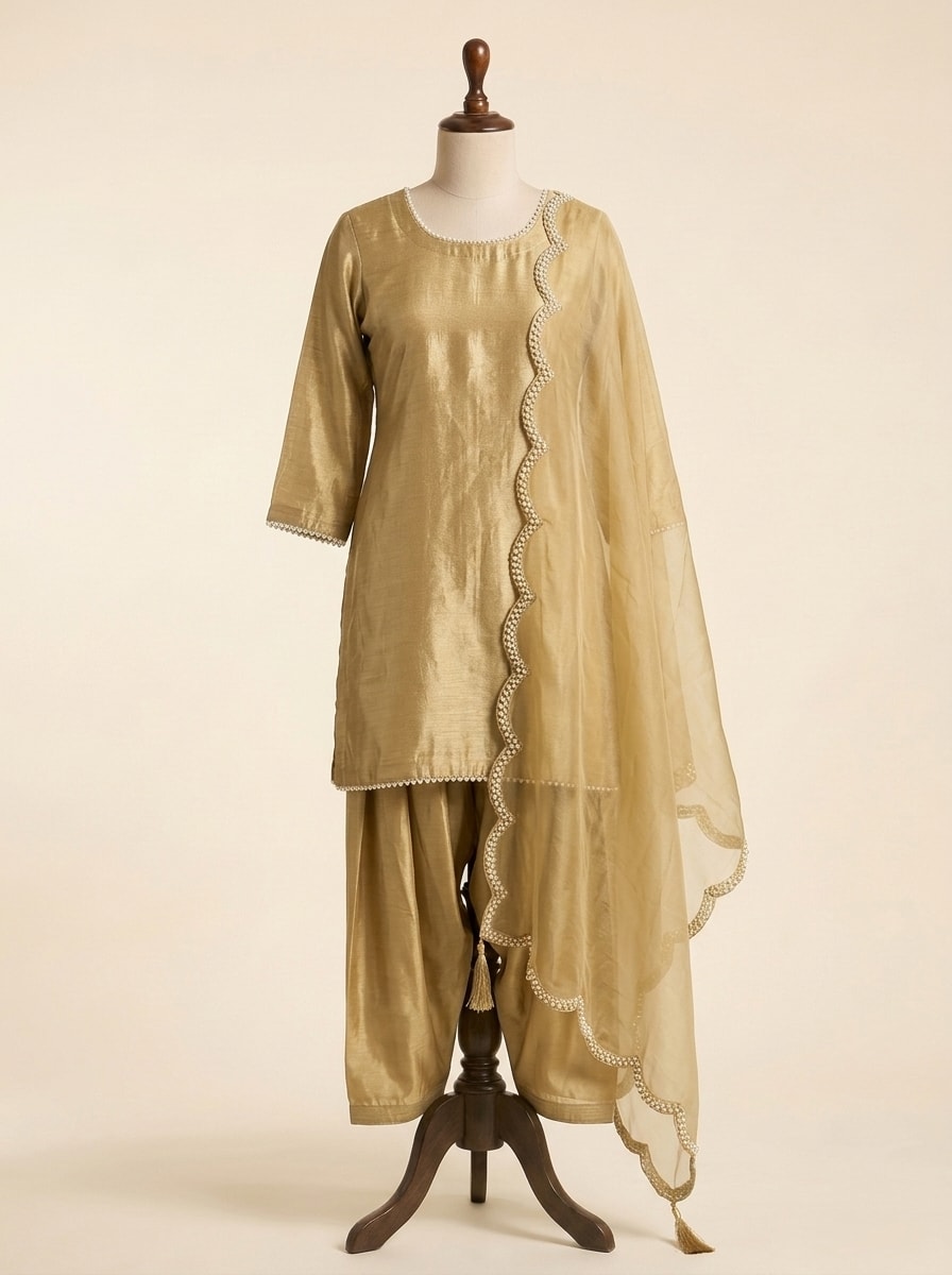 Golden Tissue Punjabi Salwar Kameez by Sahba