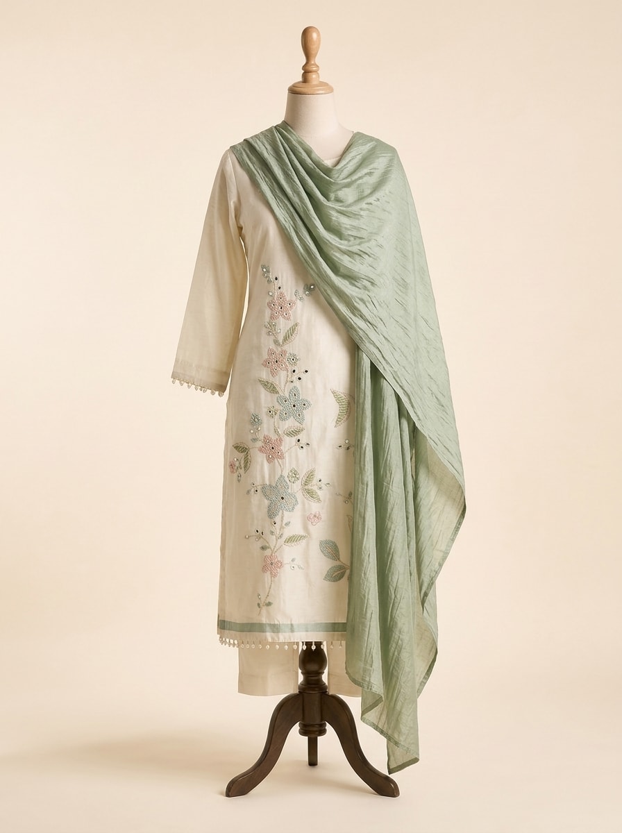 Ivory Pastel Floral Chanderi Kurta Set by Sahba