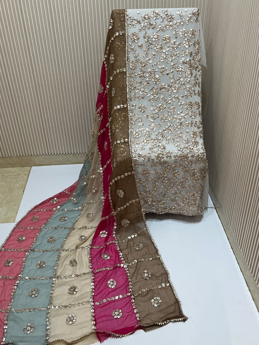 Ivory Silver Gota Suit with Coffee & Fuchsia Tiered Dupatta by Sahba