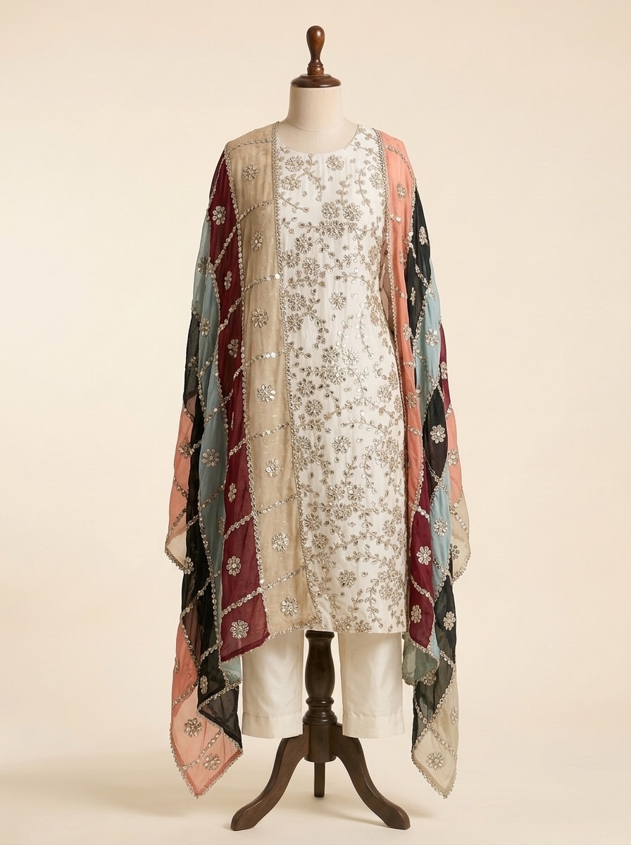 Ivory Silver Gota Suit with Multicolor Tiered Dupatta by Sahba