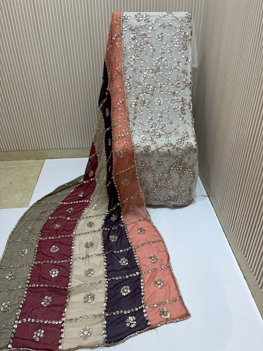 Ivory Silver Gota Suit with Peach & Plum Striped Tiered Dupatta by Sahba