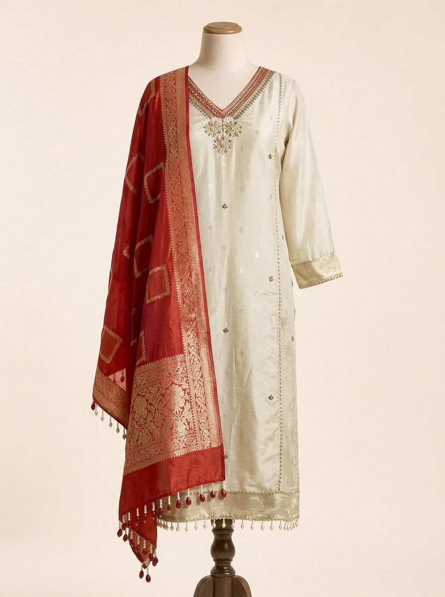 Ivory Tissue Silk Kurta with Banarasi Crimson Dupatta by Sahba