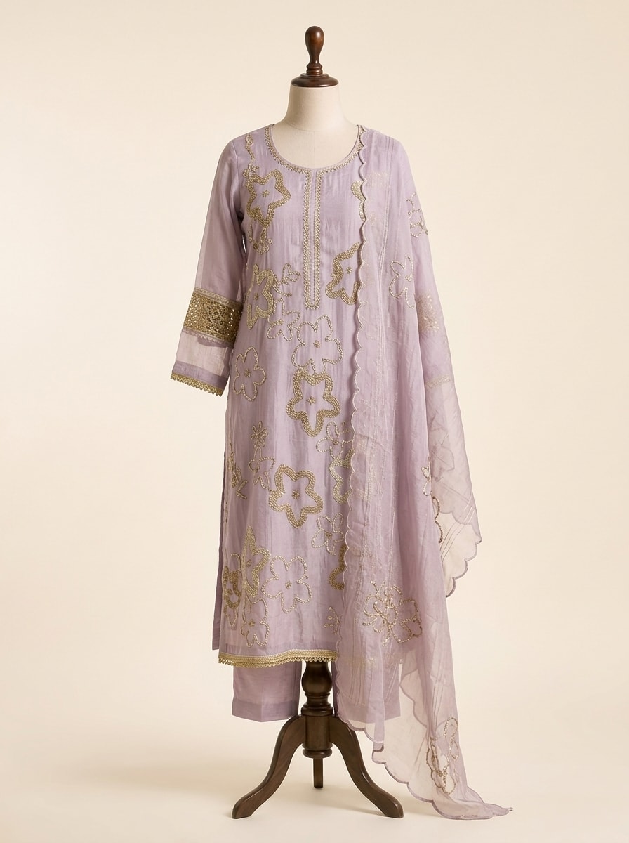 Lavender Organza Floral Zari Kurta Set by Sahba