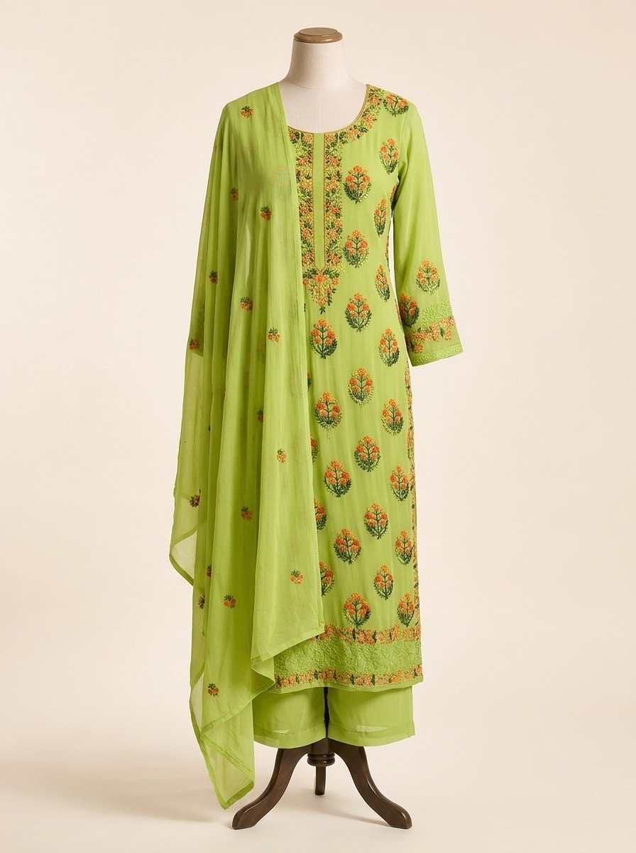 Lime Chartreuse Floral Georgette Kurta Set by Sahba