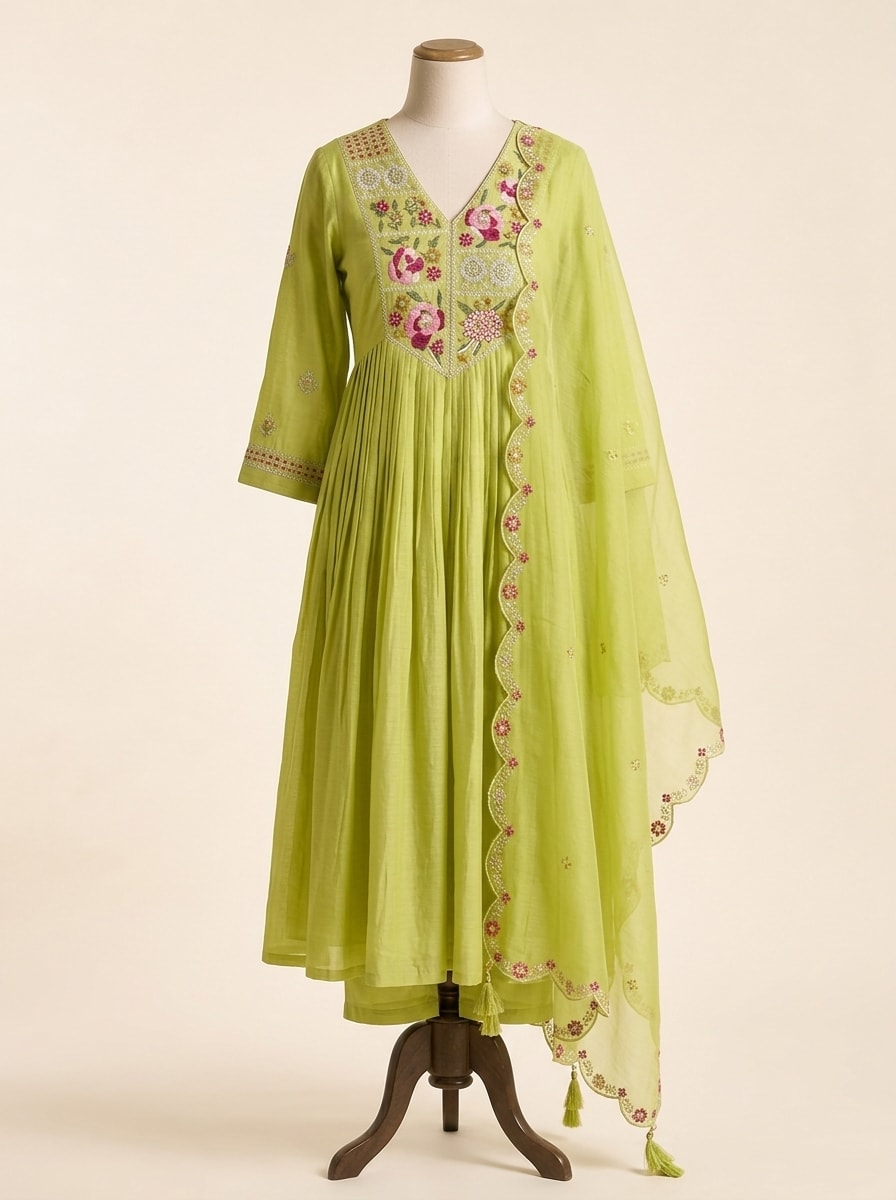 Lime Green Embroidered Flared Anarkali Set by Sahba
