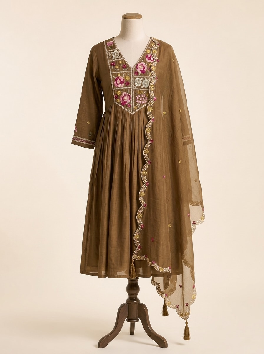 Mocha Brown Embroidered Flared Anarkali Set by Sahba