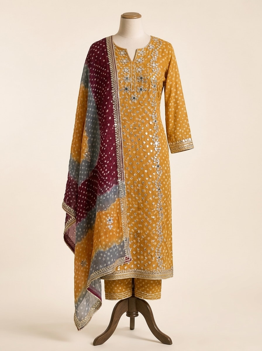 Mustard Yellow Bandhani Mirrorwork Suit by Sahba
