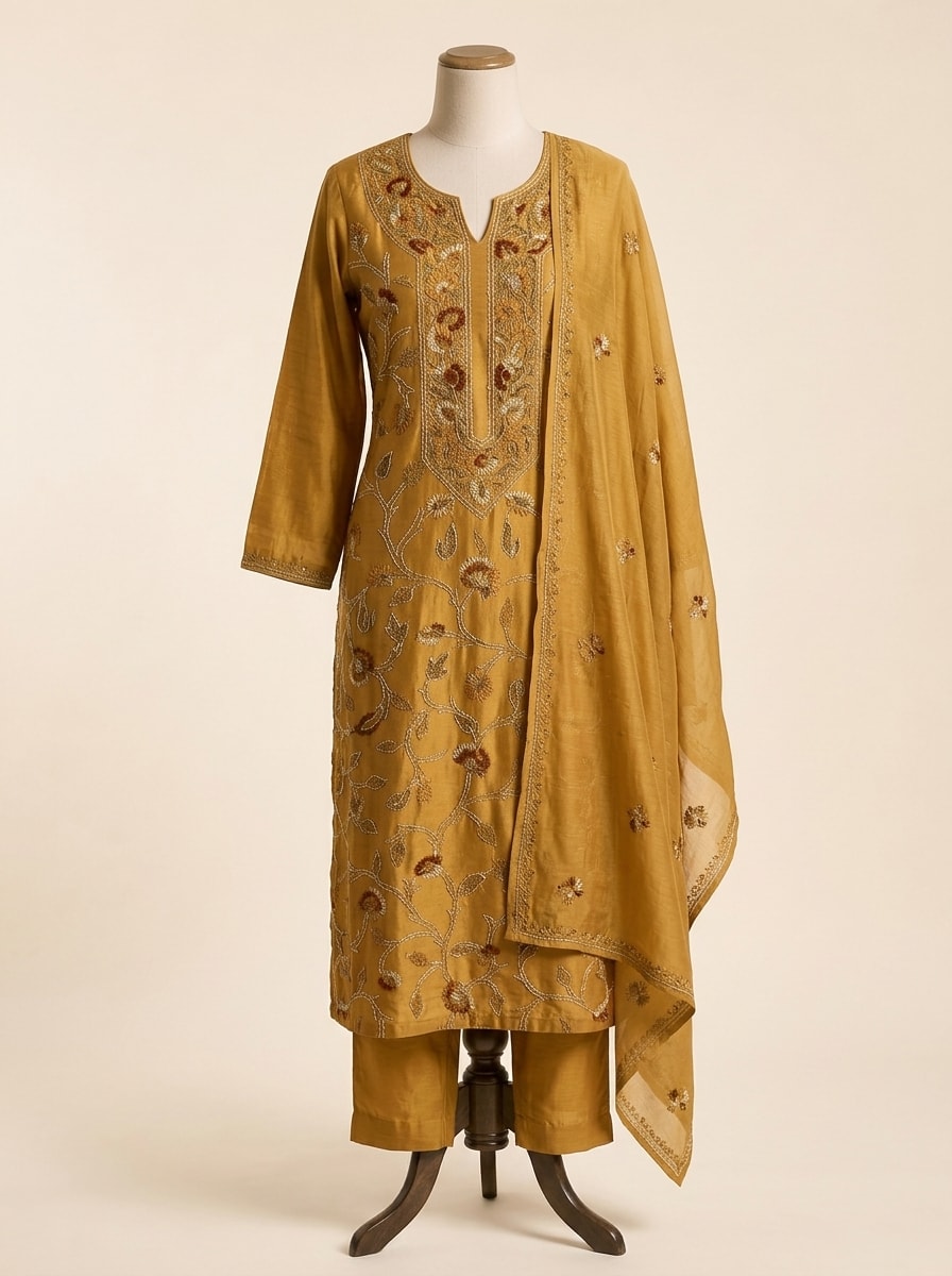 Mustard Kashmiri Aari Embroidered Kurta Set by Sahba