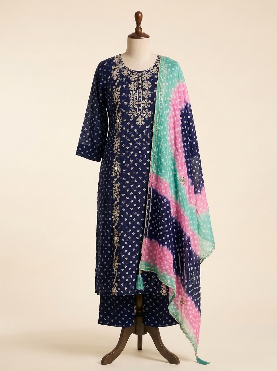 Midnight Navy Blue Bandhani Mirrorwork Suit by Sahba
