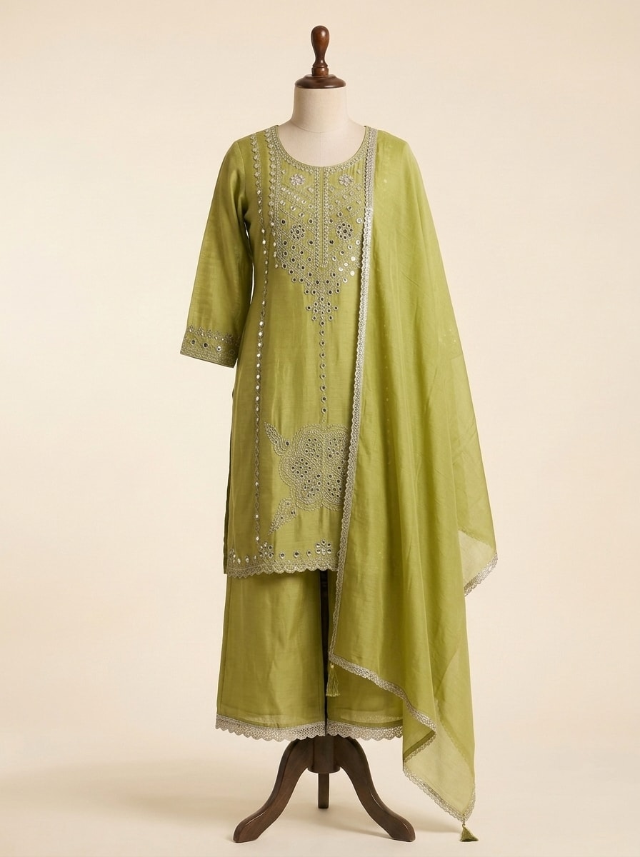 Olive Lime Chanderi Palazzo Heritage Suit by Sahba