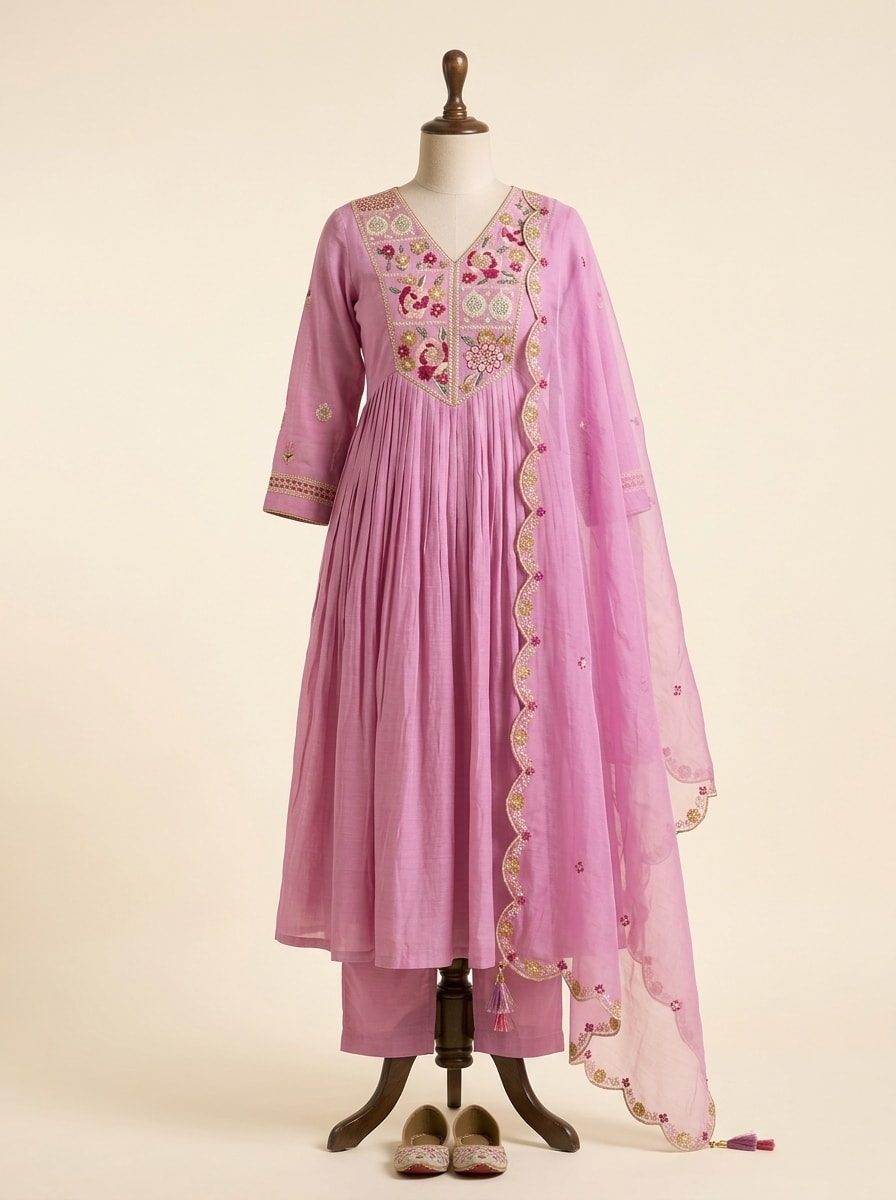 Orchid Pink Embroidered Flared Anarkali Set by Sahba