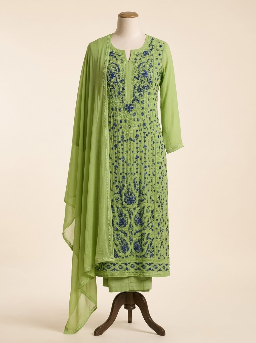 Parrot Green Chikankari Georgette Kurta Set by Sahba