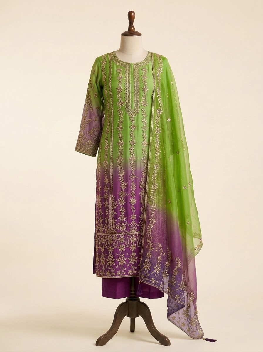 Parrot-Purple Ombre Gota Tilla Kurta Set by Sahba
