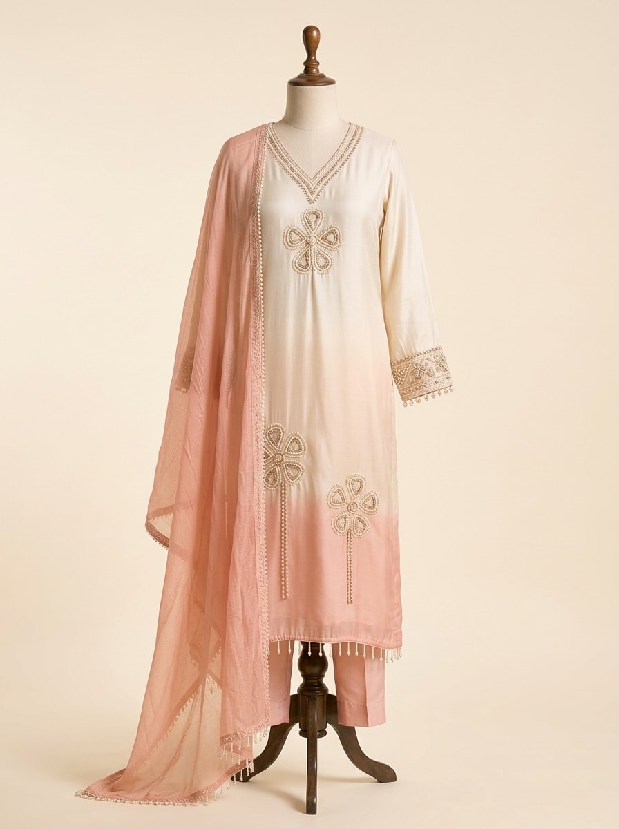 Peach Ombre Hand-Embroidered Silk Kurta Set by Sahba