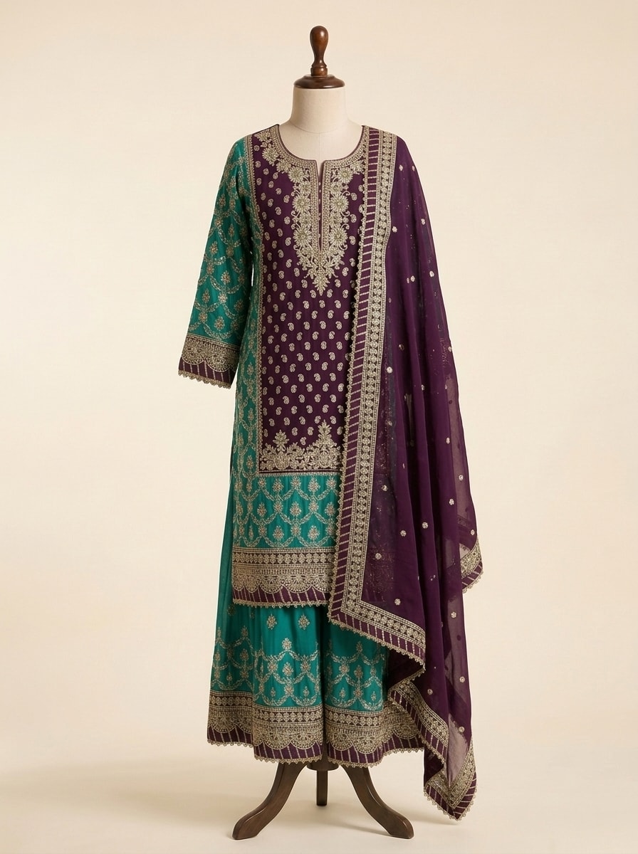 Plum & Teal Dual-Tone Embroidered Sharara Set by Sahba