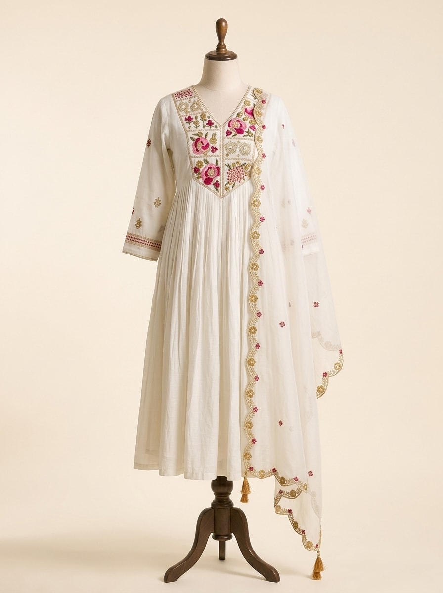 Pristine Ivory Embroidered Flared Anarkali Set by Sahba