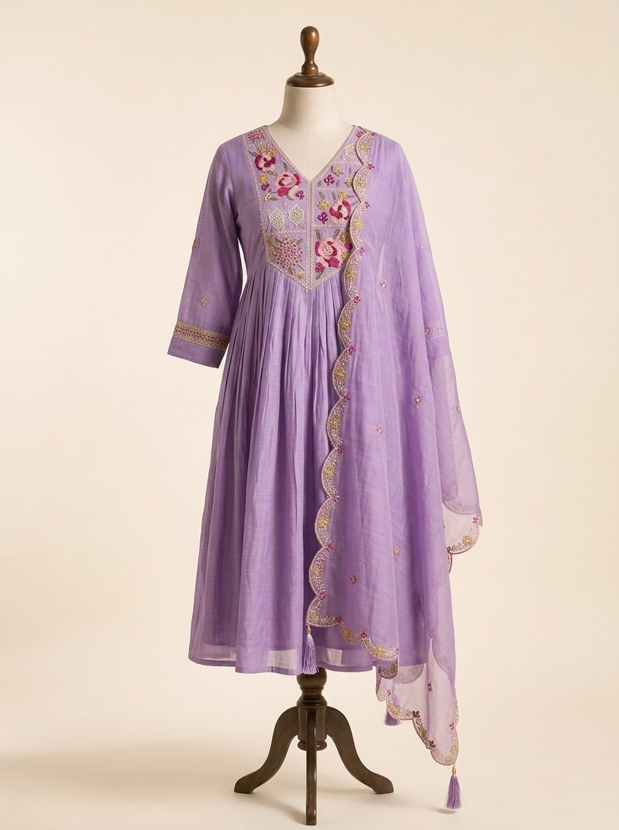 Royal Lavender Embroidered Flared Anarkali Set by Sahba