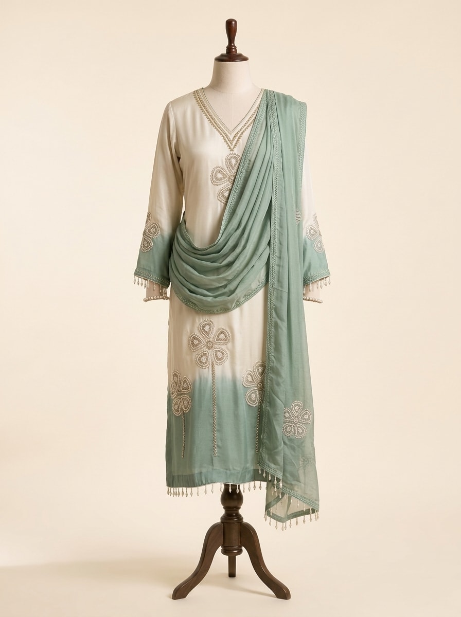 Sage Green Ombre Pearl-Embellished Kurta Set by Sahba