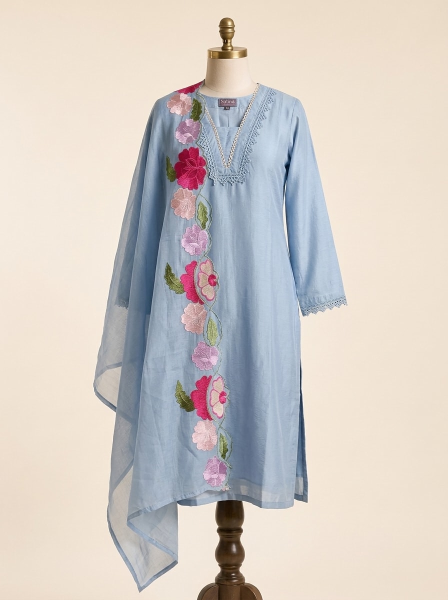 Powder Sky Blue Lace Silk Kurta Set by Sahba